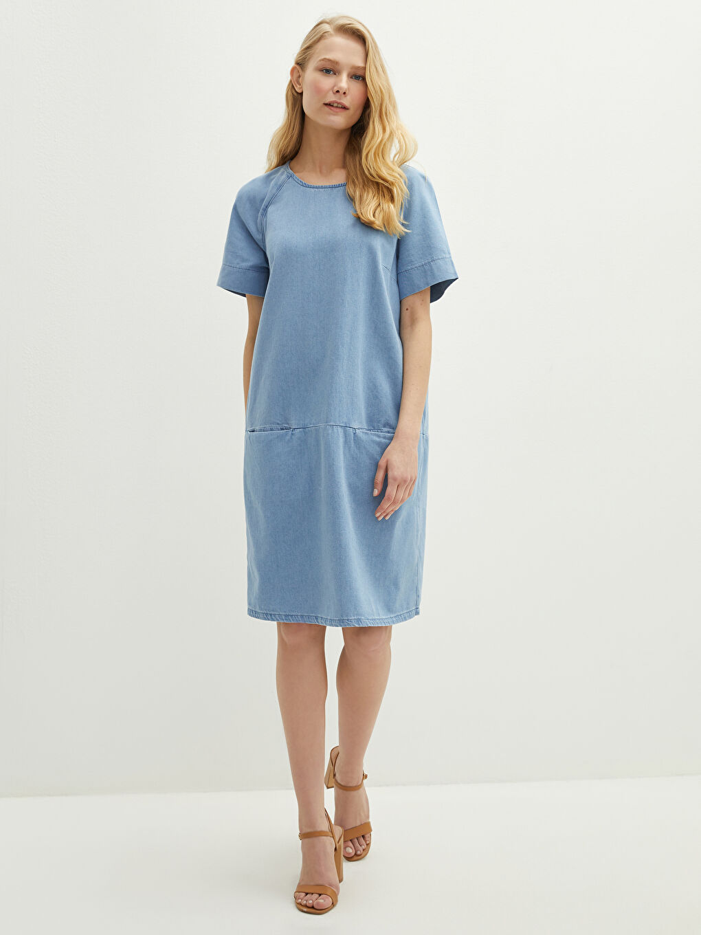 Bej Bisiklet Yaka Düz Kısa Kollu Kadın Jean Elbise-1