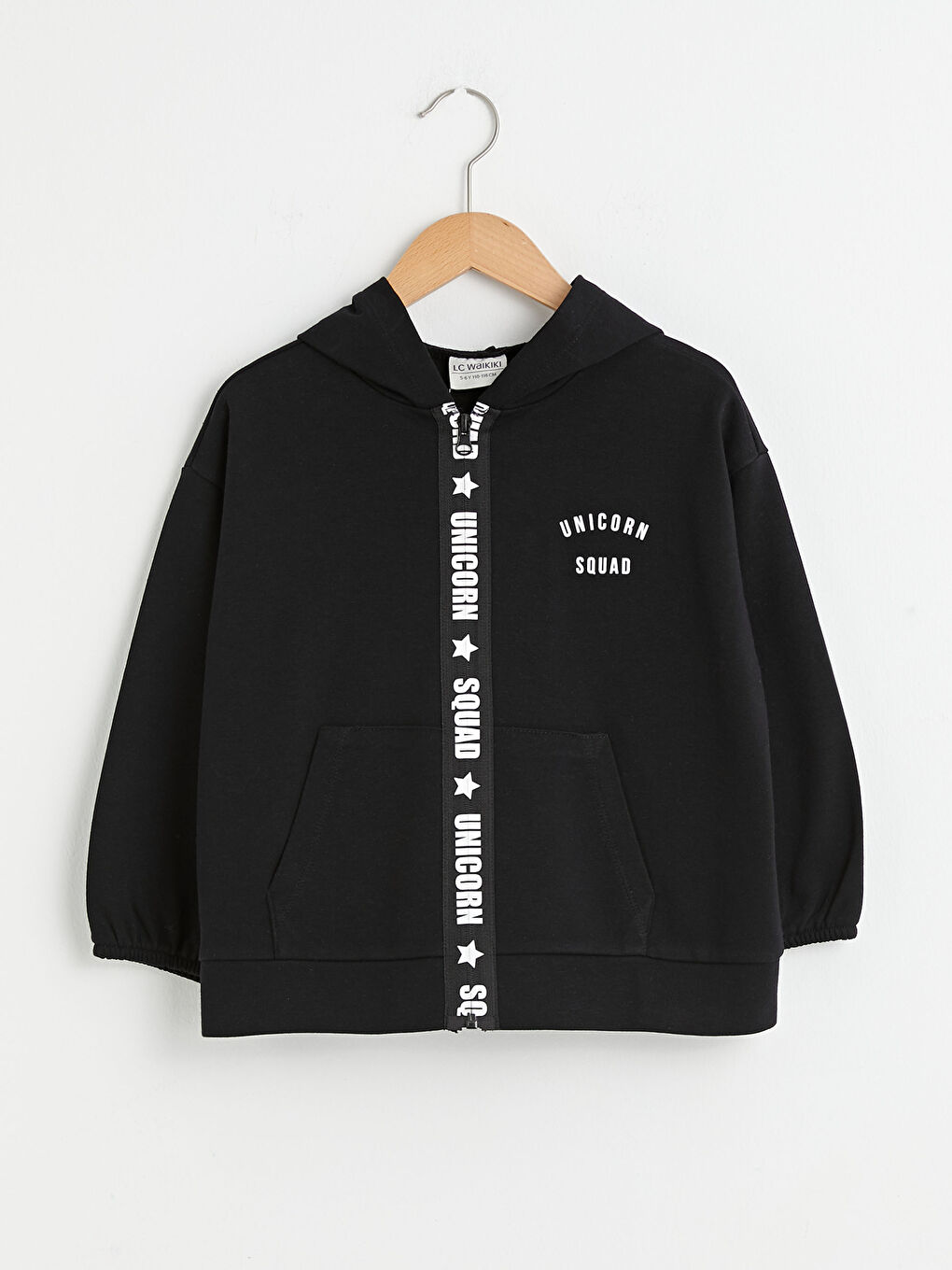 Siyah Kapüşonlu Baskılı Uzun Kollu Kız Çocuk Fermuarlı Sweatshirt