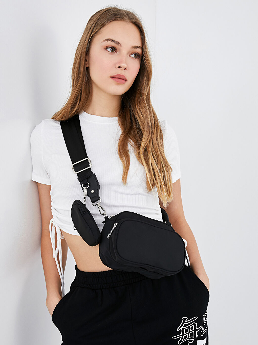 Siyah Ek Küçük Çantalı Kadın Omuz Çantası-1