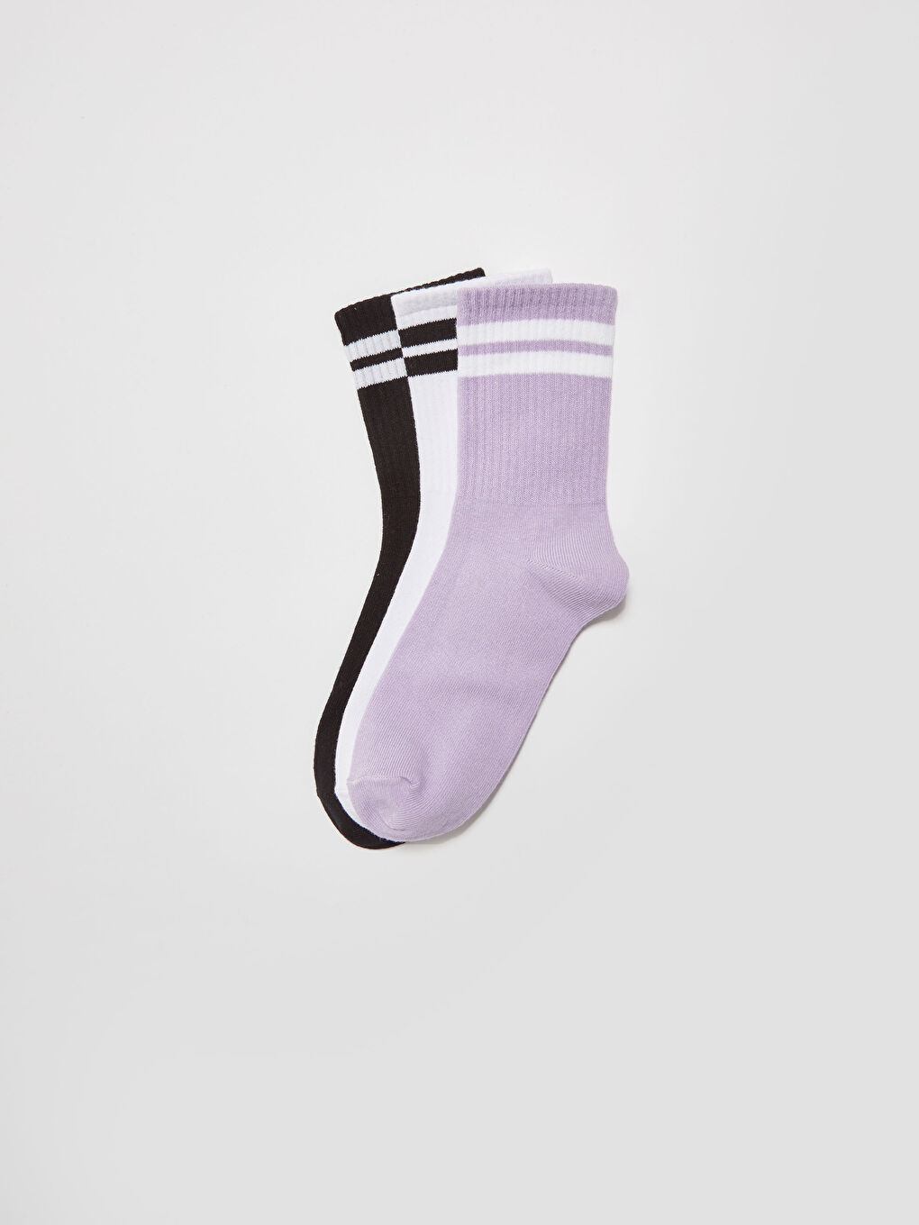 Lila Çizgili Pamuklu Kadın Soket Çorap 3'lü