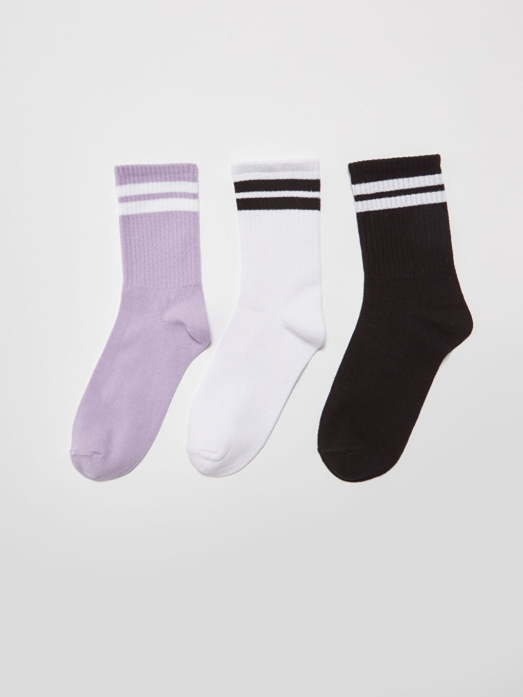 Lila Çizgili Pamuklu Kadın Soket Çorap 3'lü-1