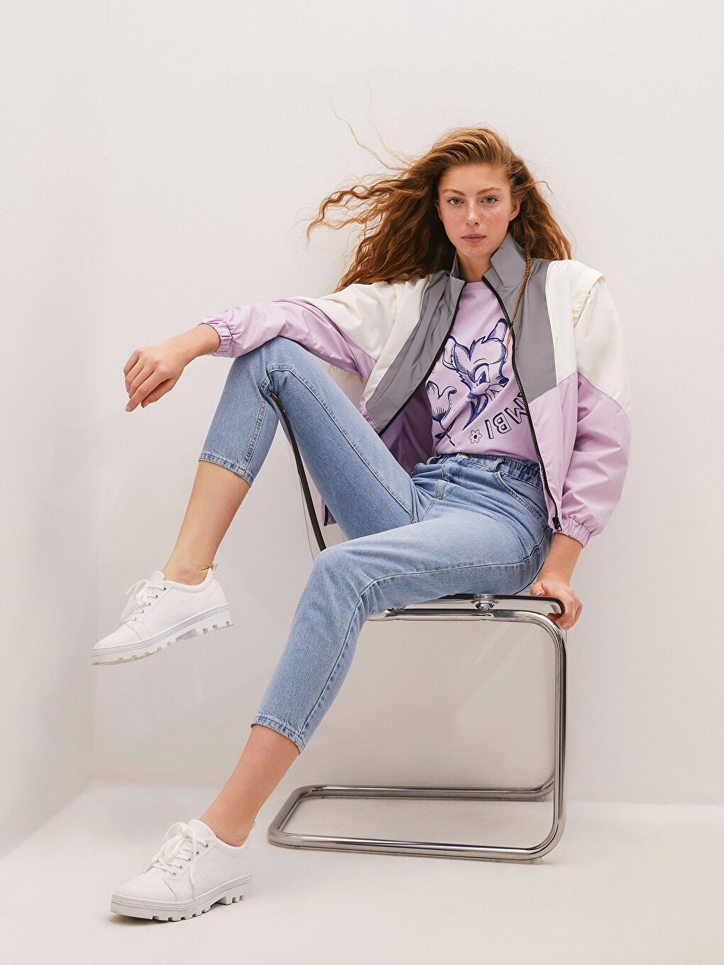 Lila Dik Yaka Renk Bloklu Uzun Kollu Kadın Bomber Mont