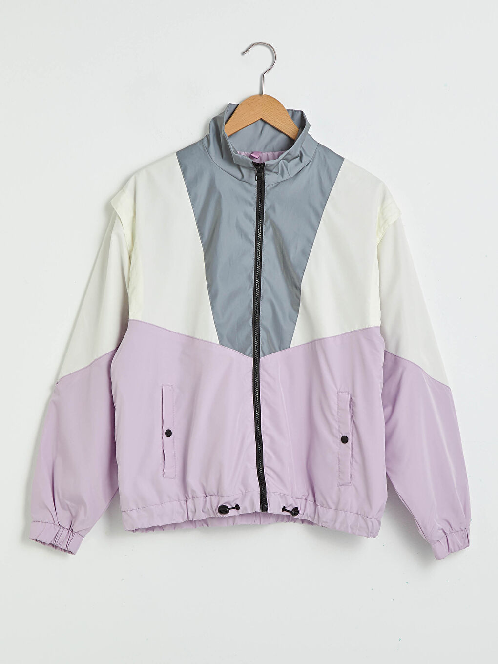 Lila Dik Yaka Renk Bloklu Uzun Kollu Kadın Bomber Mont-10