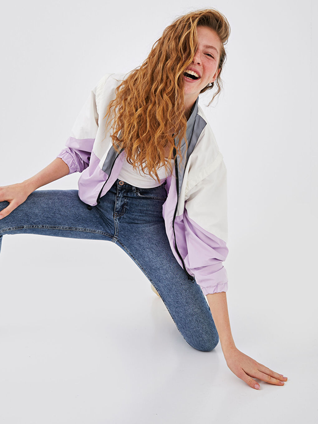 Lila Dik Yaka Renk Bloklu Uzun Kollu Kadın Bomber Mont-3