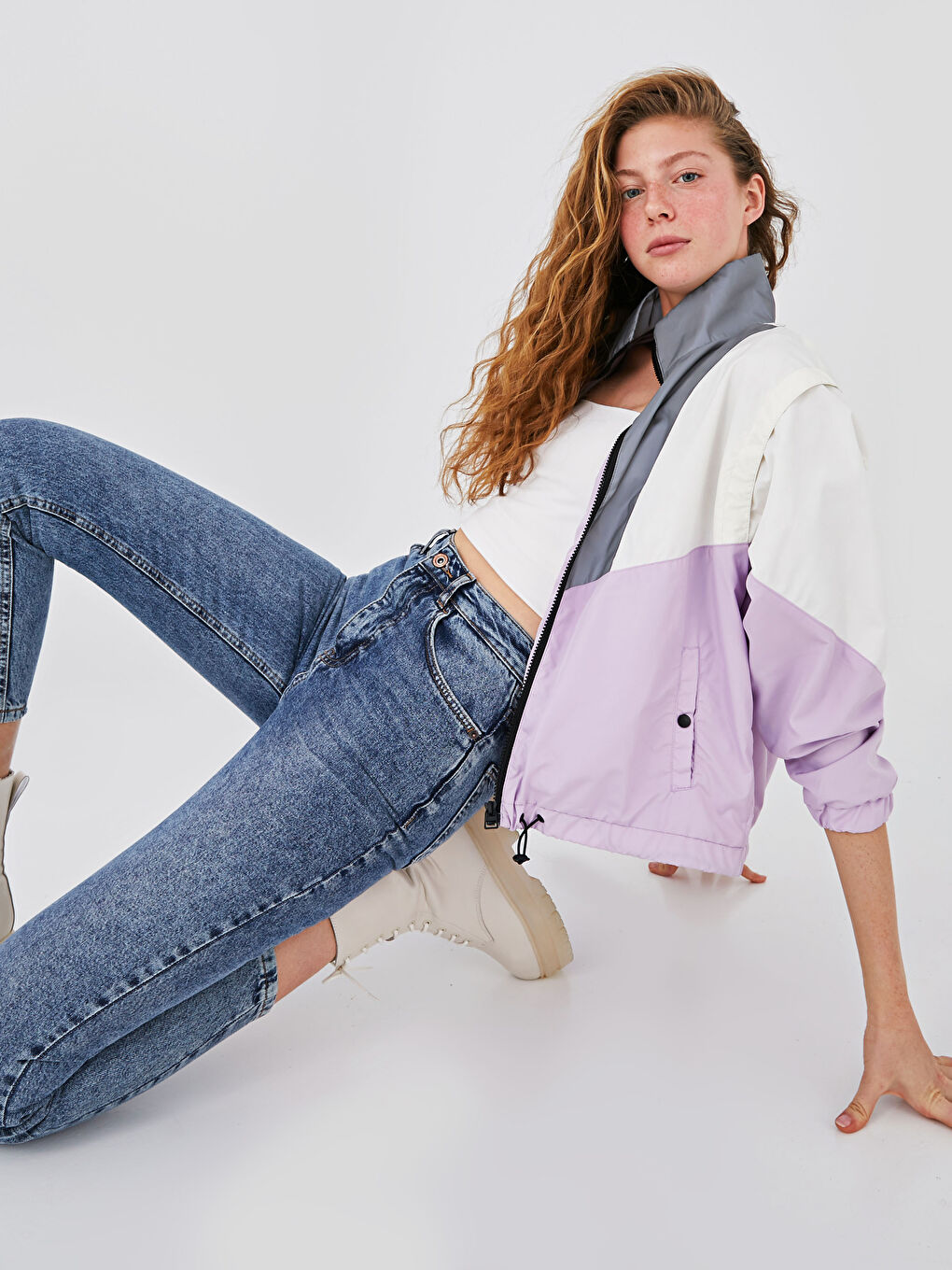 Lila Dik Yaka Renk Bloklu Uzun Kollu Kadın Bomber Mont-4