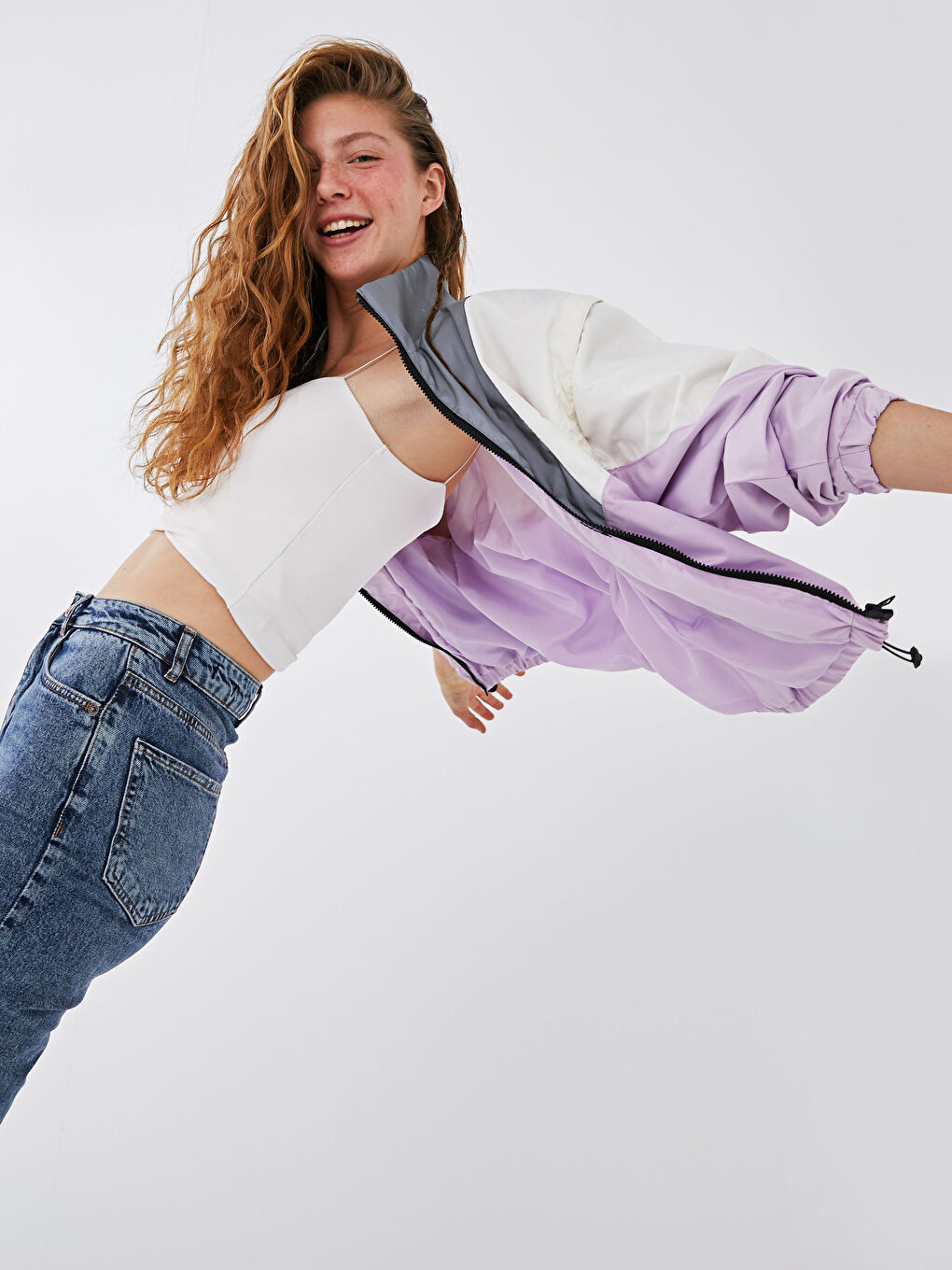 Lila Dik Yaka Renk Bloklu Uzun Kollu Kadın Bomber Mont-5