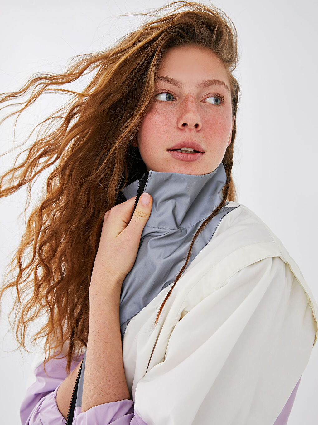 Lila Dik Yaka Renk Bloklu Uzun Kollu Kadın Bomber Mont-6