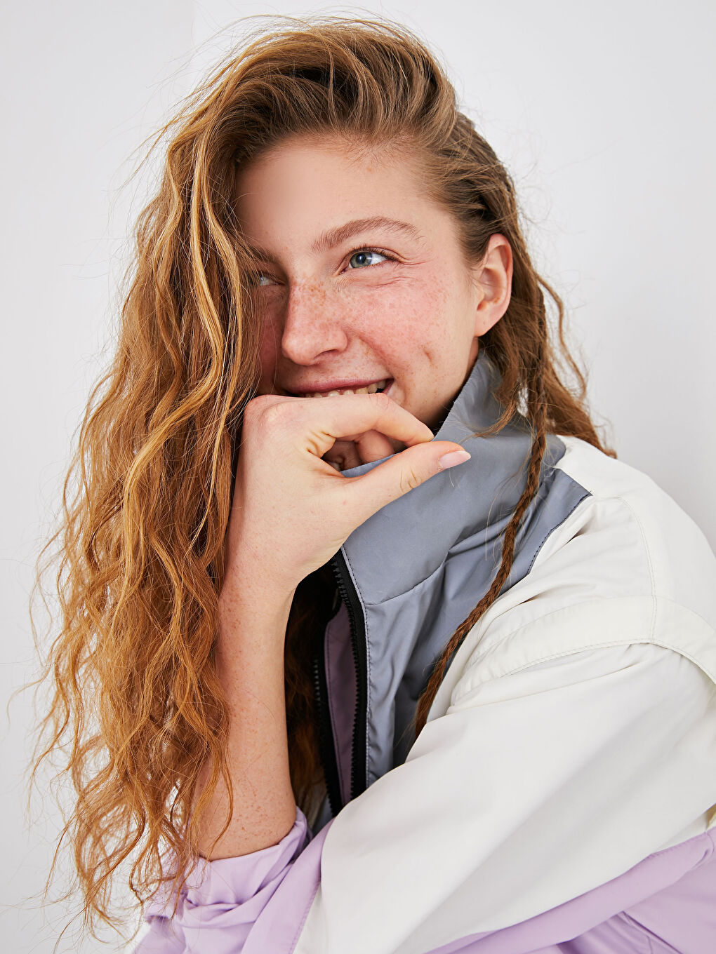 Lila Dik Yaka Renk Bloklu Uzun Kollu Kadın Bomber Mont-7