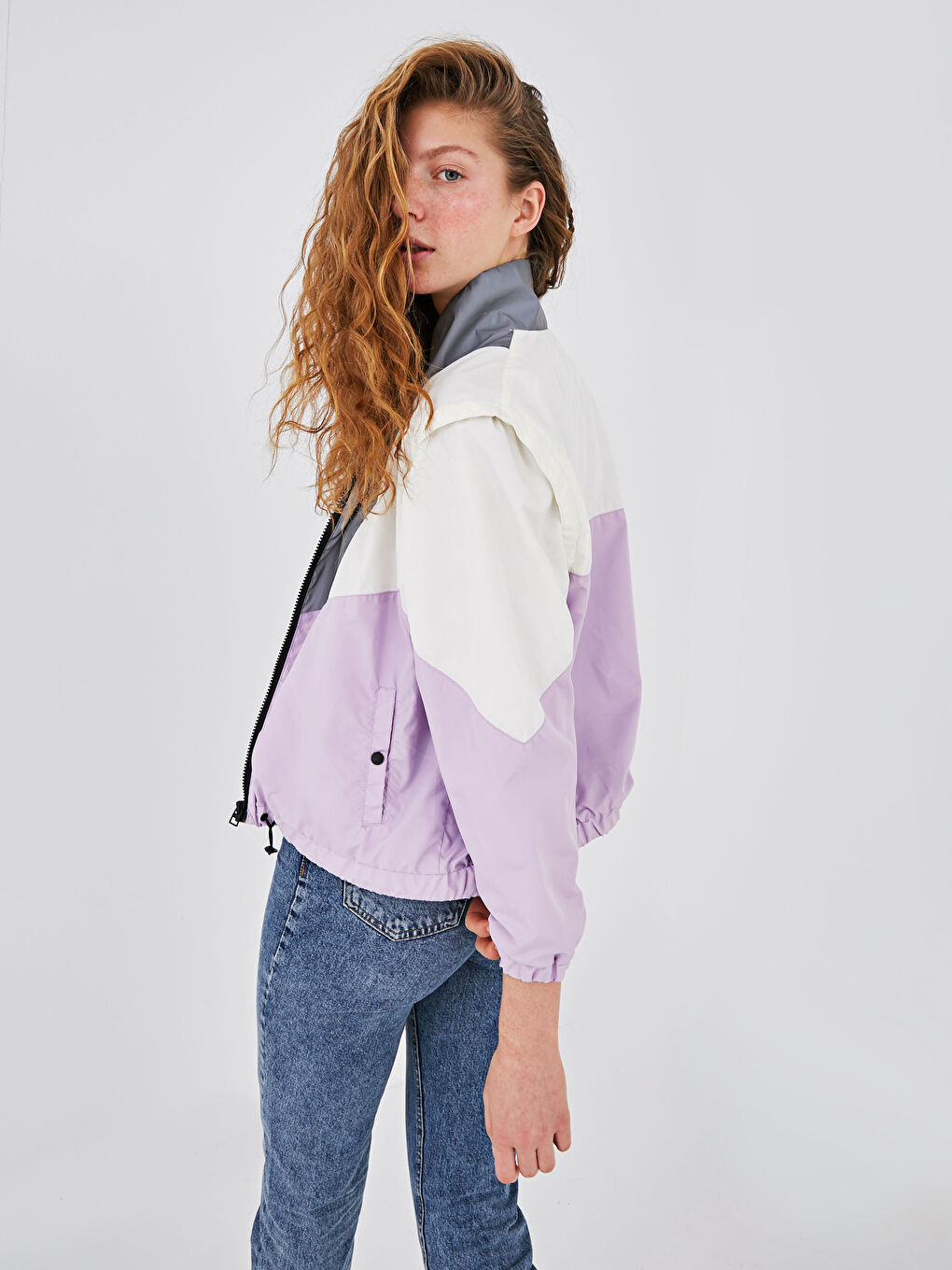 Lila Dik Yaka Renk Bloklu Uzun Kollu Kadın Bomber Mont-8