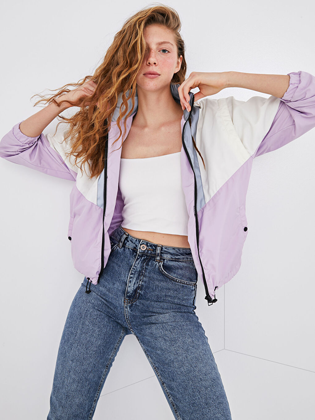 Lila Dik Yaka Renk Bloklu Uzun Kollu Kadın Bomber Mont-9