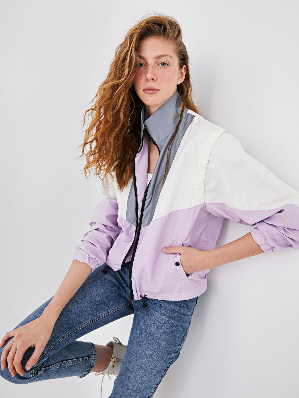 Lila Dik Yaka Renk Bloklu Uzun Kollu Kadın Bomber Mont-2