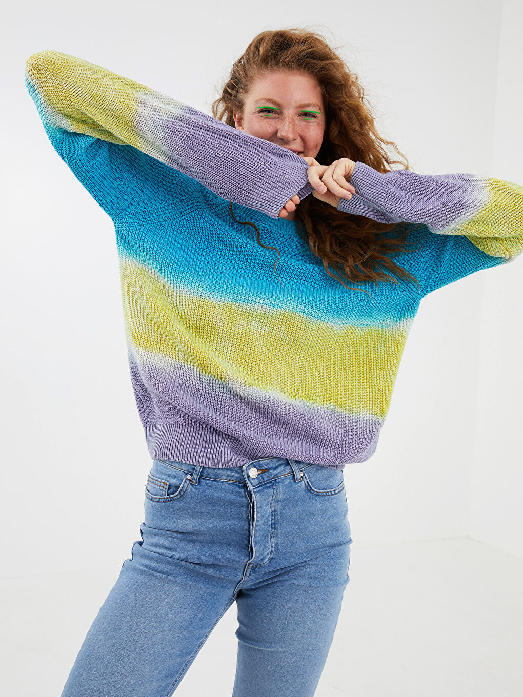 Свитер из трикотажа с круглым вырезом, разноцветный, с длинным рукавом, для женщин-1