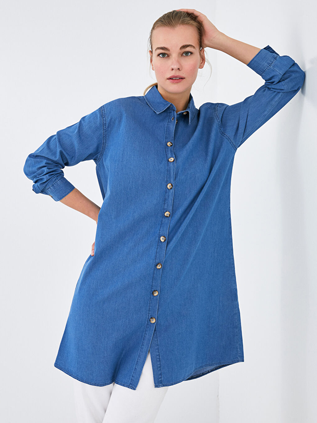 Mavi Gömlek Yaka Düz Uzun Kollu Kadın Jean Tunik