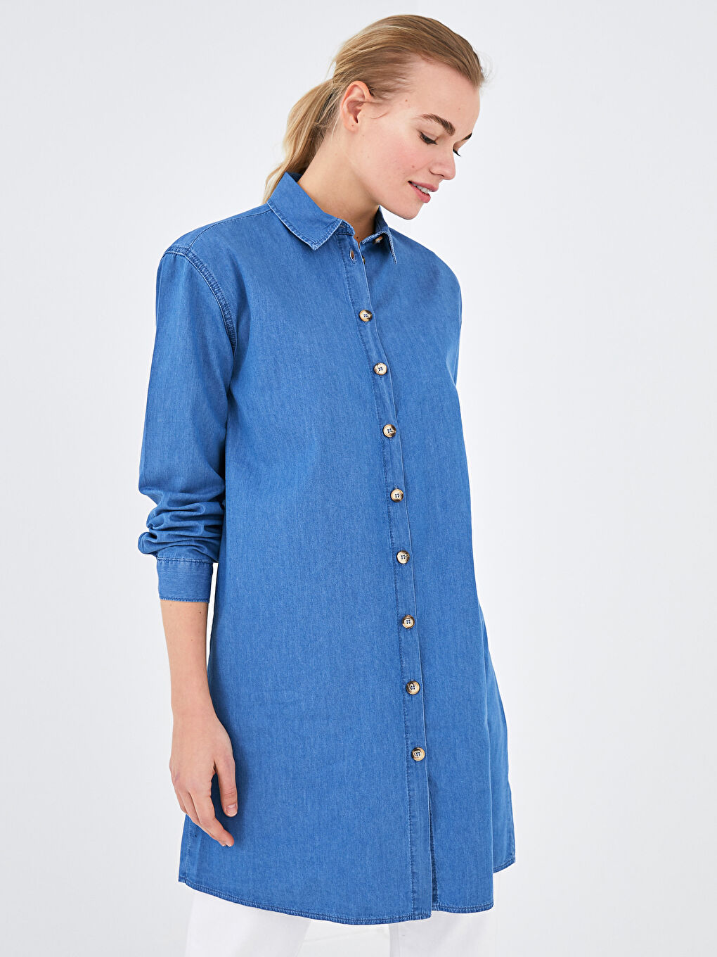 Mavi Gömlek Yaka Düz Uzun Kollu Kadın Jean Tunik-1
