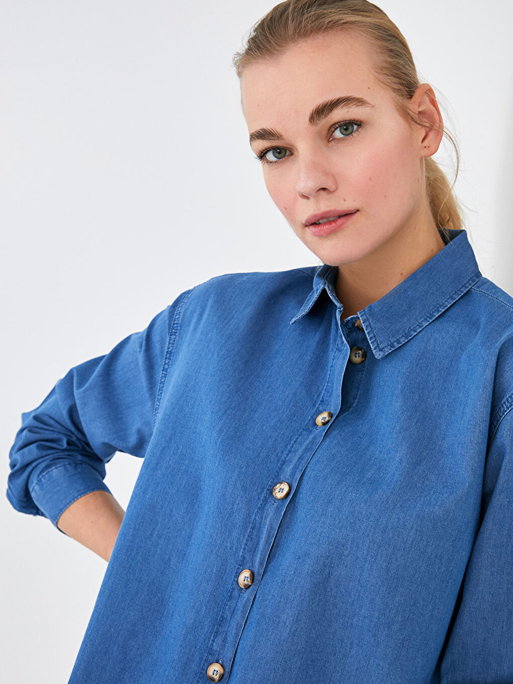 Mavi Gömlek Yaka Düz Uzun Kollu Kadın Jean Tunik-2