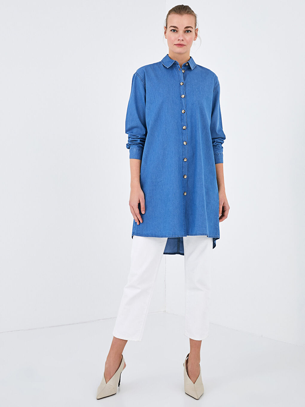 Mavi Gömlek Yaka Düz Uzun Kollu Kadın Jean Tunik-3