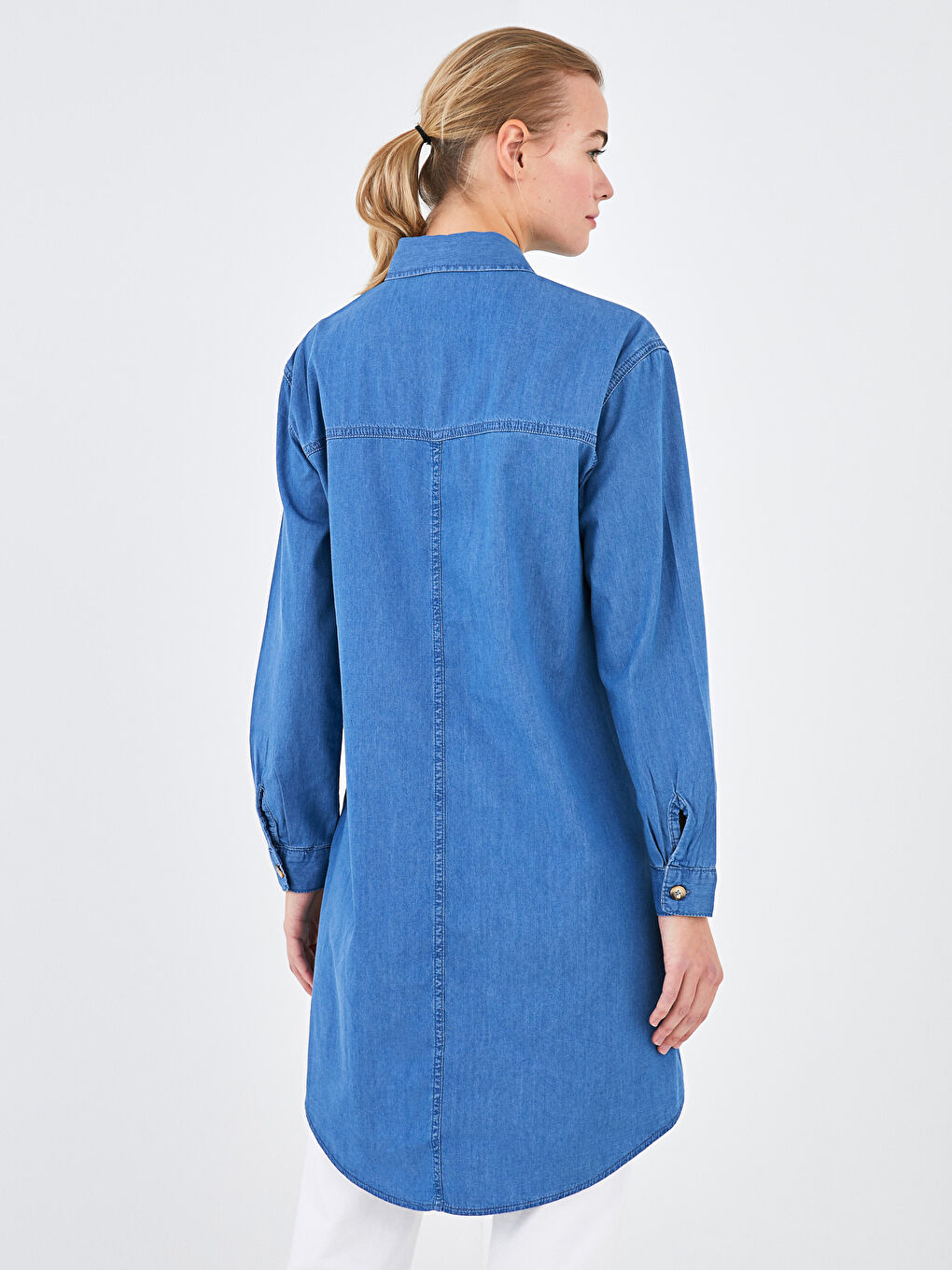 Mavi Gömlek Yaka Düz Uzun Kollu Kadın Jean Tunik-4