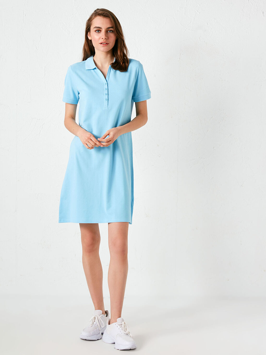 Polo Neck Straight Short Sleeve Cotton Women's Dress-1