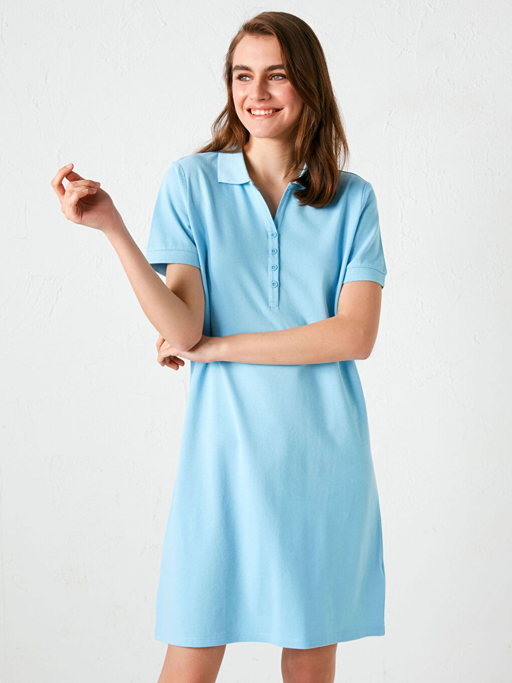 Polo Neck Straight Short Sleeve Cotton Women's Dress-2