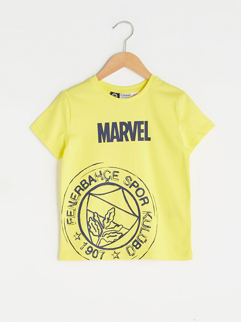 Sarı Bisiklet Yaka Fenerbahçe Baskılı Kısa Kollu Erkek Çocuk Taraftar Tişört