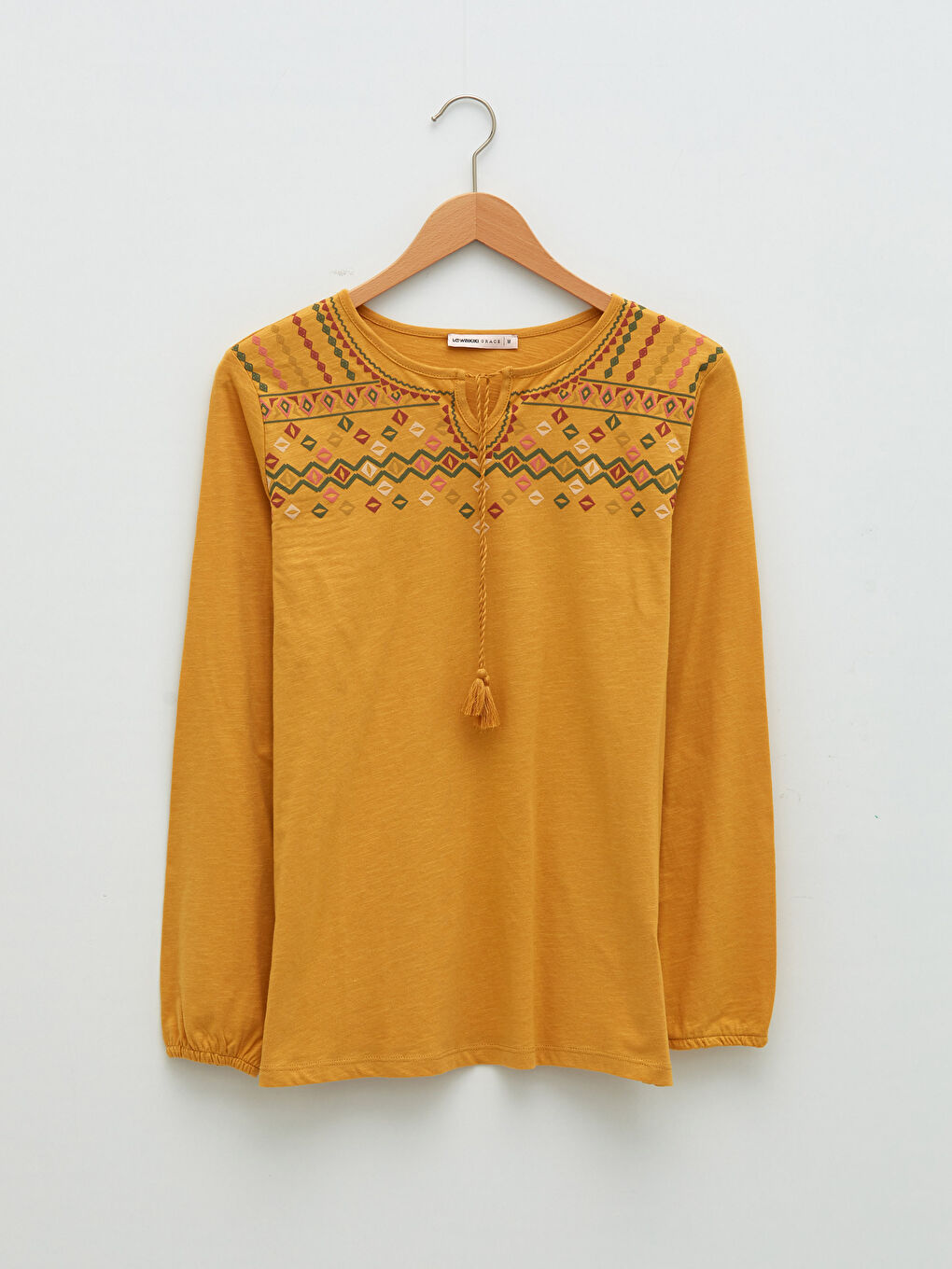 Sarı Bağlamalı Yaka Baskılı Uzun Kollu Pamuklu Kadın Bluz-5