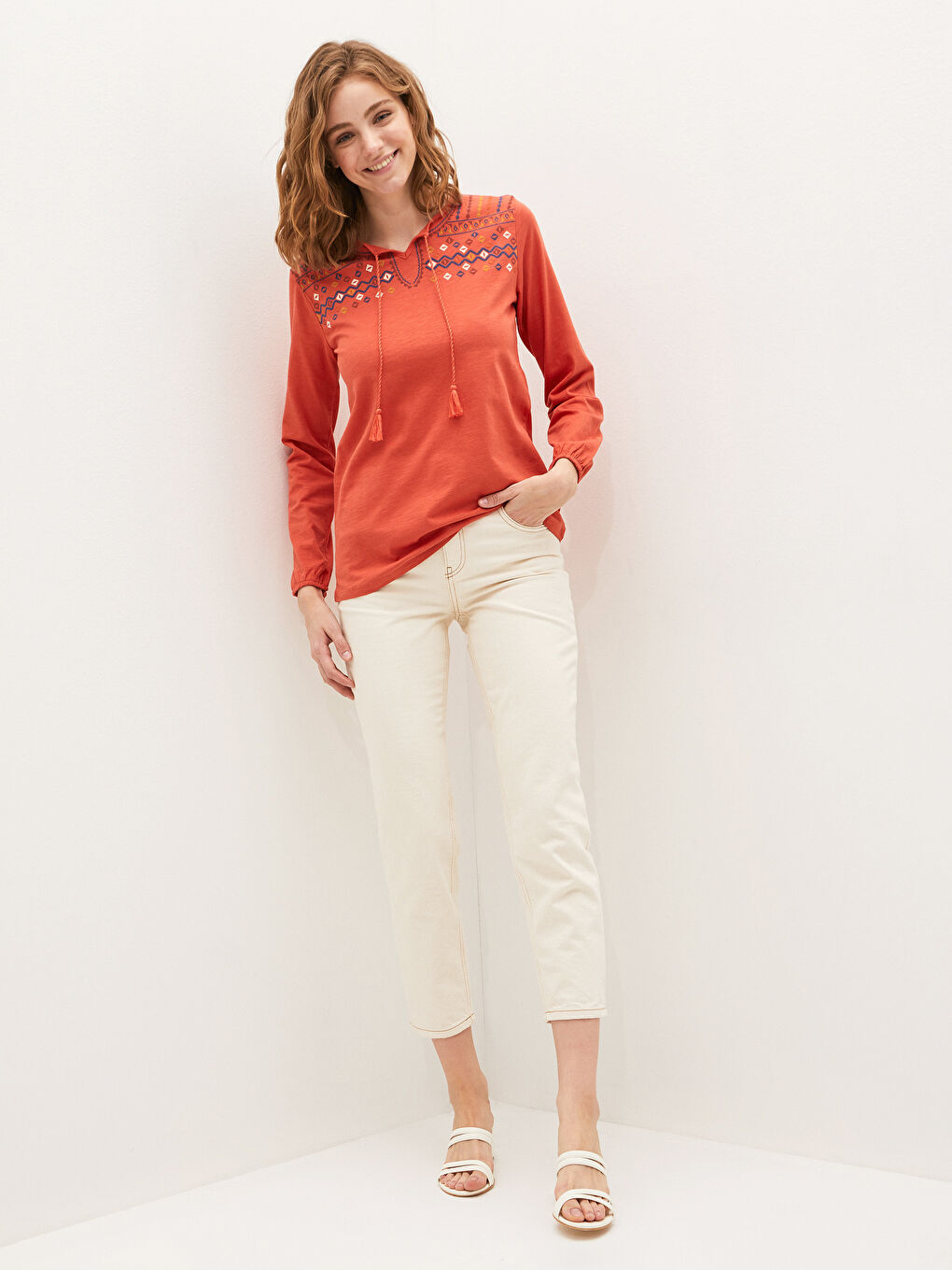 Blouse en Coton à Manches Longues Imprimée avec Col Lavallière pour Femmes-2