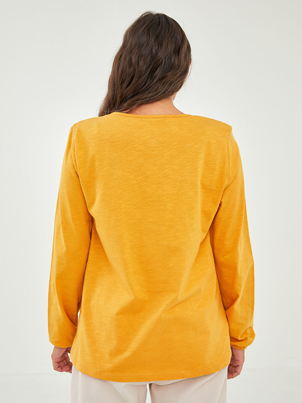 Sarı Bağlamalı Yaka Baskılı Uzun Kollu Pamuklu Kadın Bluz-4