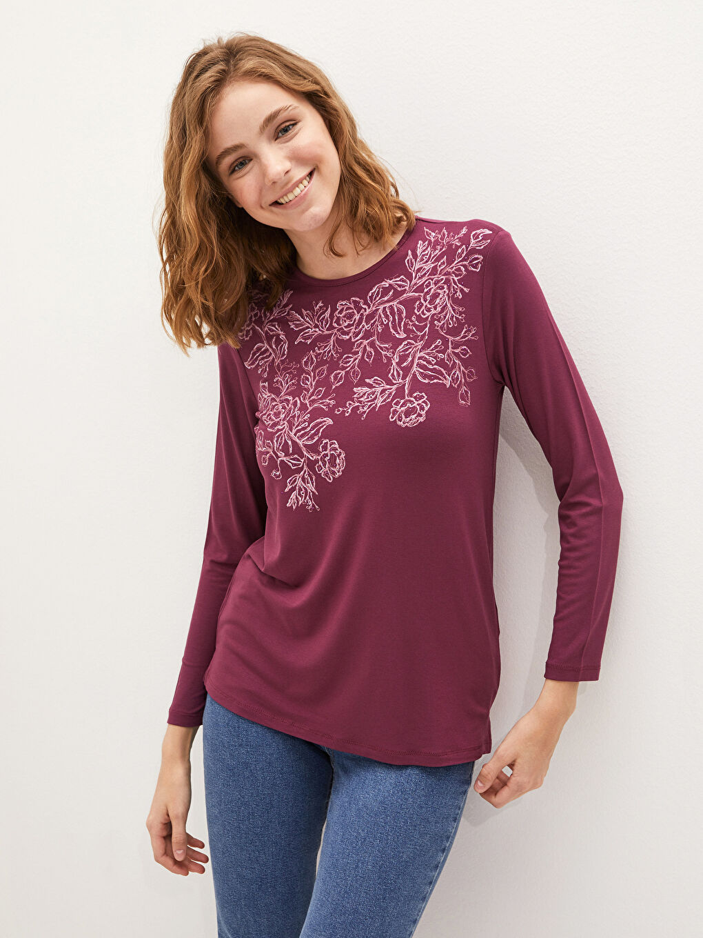 Crew Neck Stone Printed Long Sleeve Viscose Women's Blouse-4