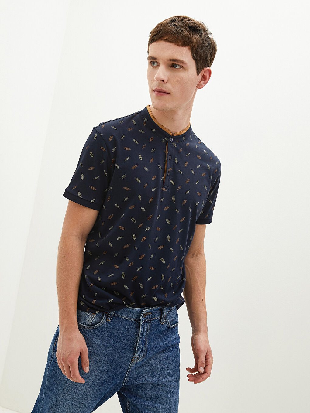 Grandad Collar Short Sleeve Patterned Men's T-Shirt -S1EB24Z8-HJK