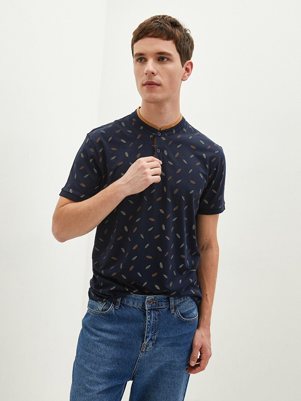 Grandad Collar Short Sleeve Patterned Men's T-Shirt -S1EB24Z8-HJK