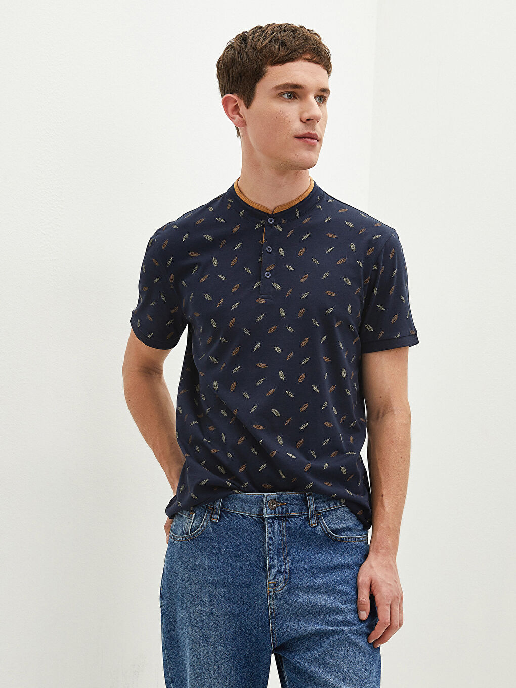 Grandad Collar Short Sleeve Patterned Men's T-Shirt -S1EB24Z8-HJK