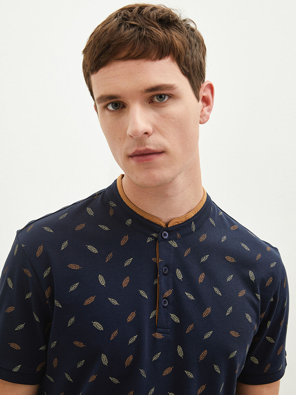 Grandad Collar Short Sleeve Patterned Men's T-Shirt -S1EB24Z8-HJK