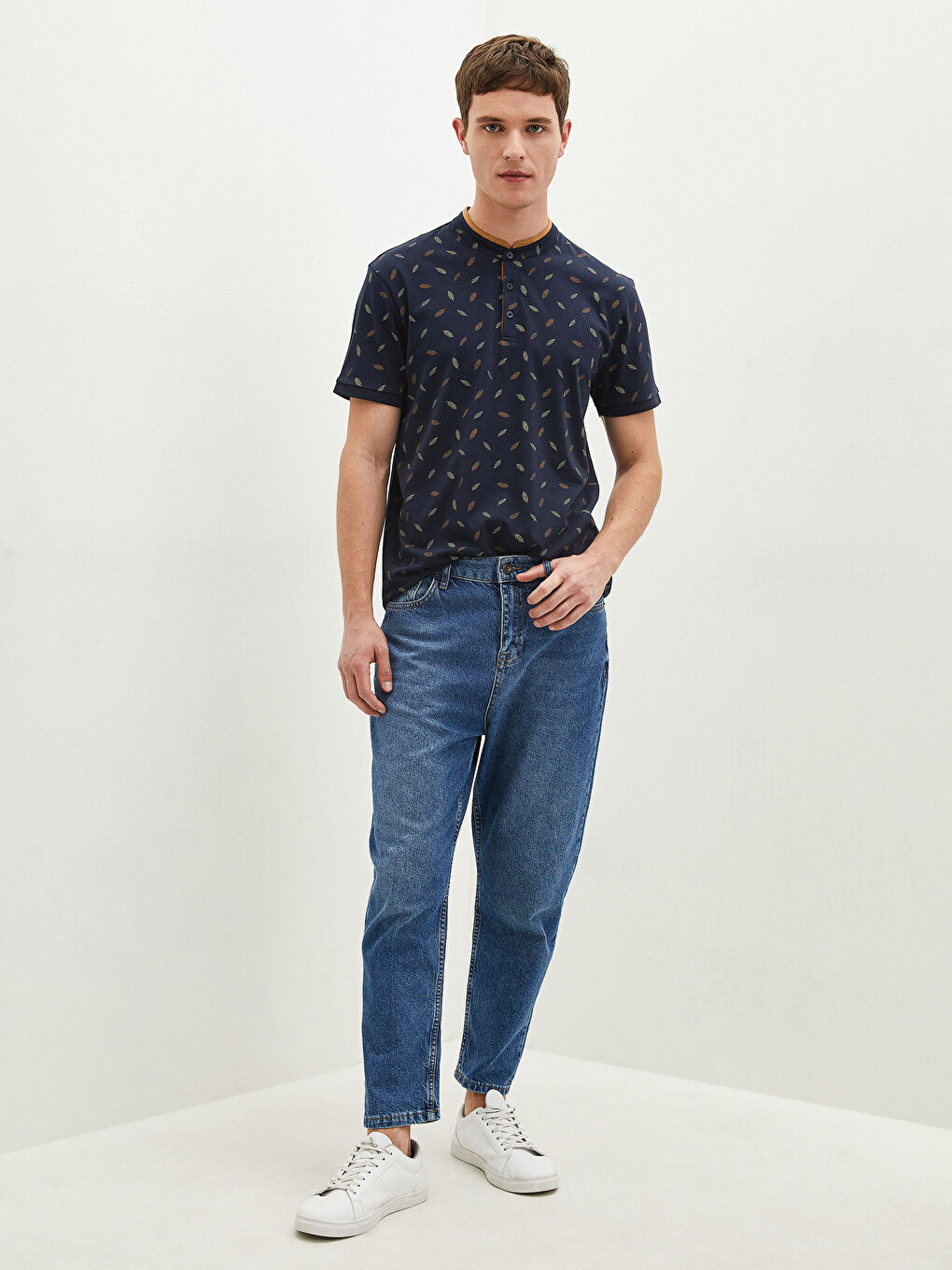 Grandad Collar Short Sleeve Patterned Men's T-Shirt -S1EB24Z8-HJK