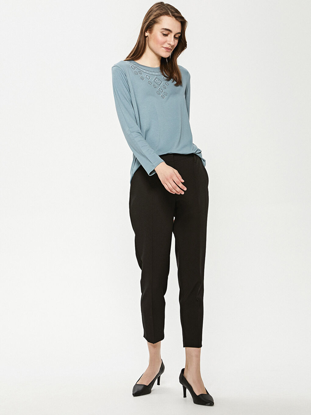 Блузка с длинным рукавом, круглым вырезом, украшенная стразами, из вискозы для женщин-3