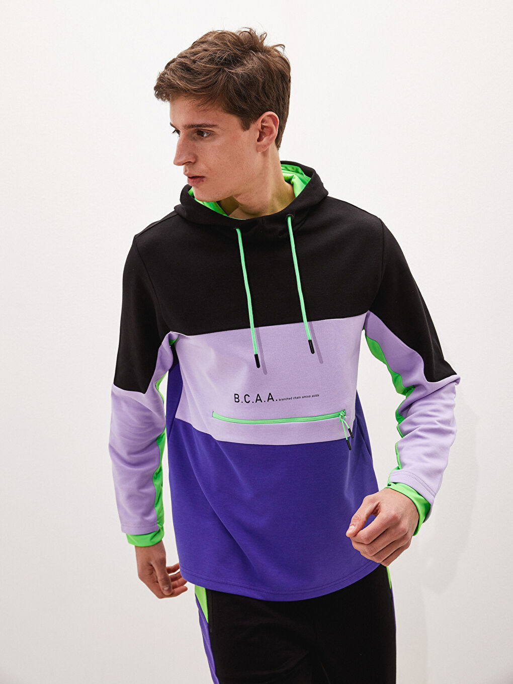 Mor Uzun Kollu Baskılı Aktif Spor Erkek Hoodie