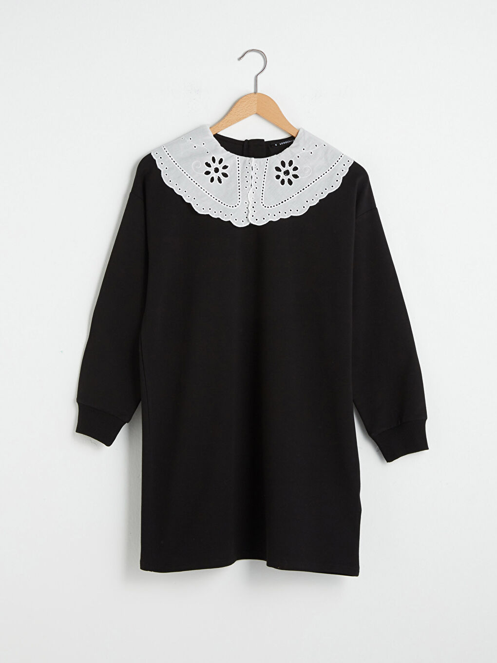 Siyah Dantelli Bisiklet Yaka Uzun Kollu Kadın Sweatshirt Tunik-5