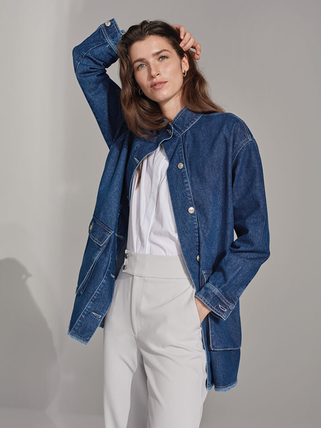Shirt Collar Pocket Detailed Long Sleeve Women's Jean Jacket-6