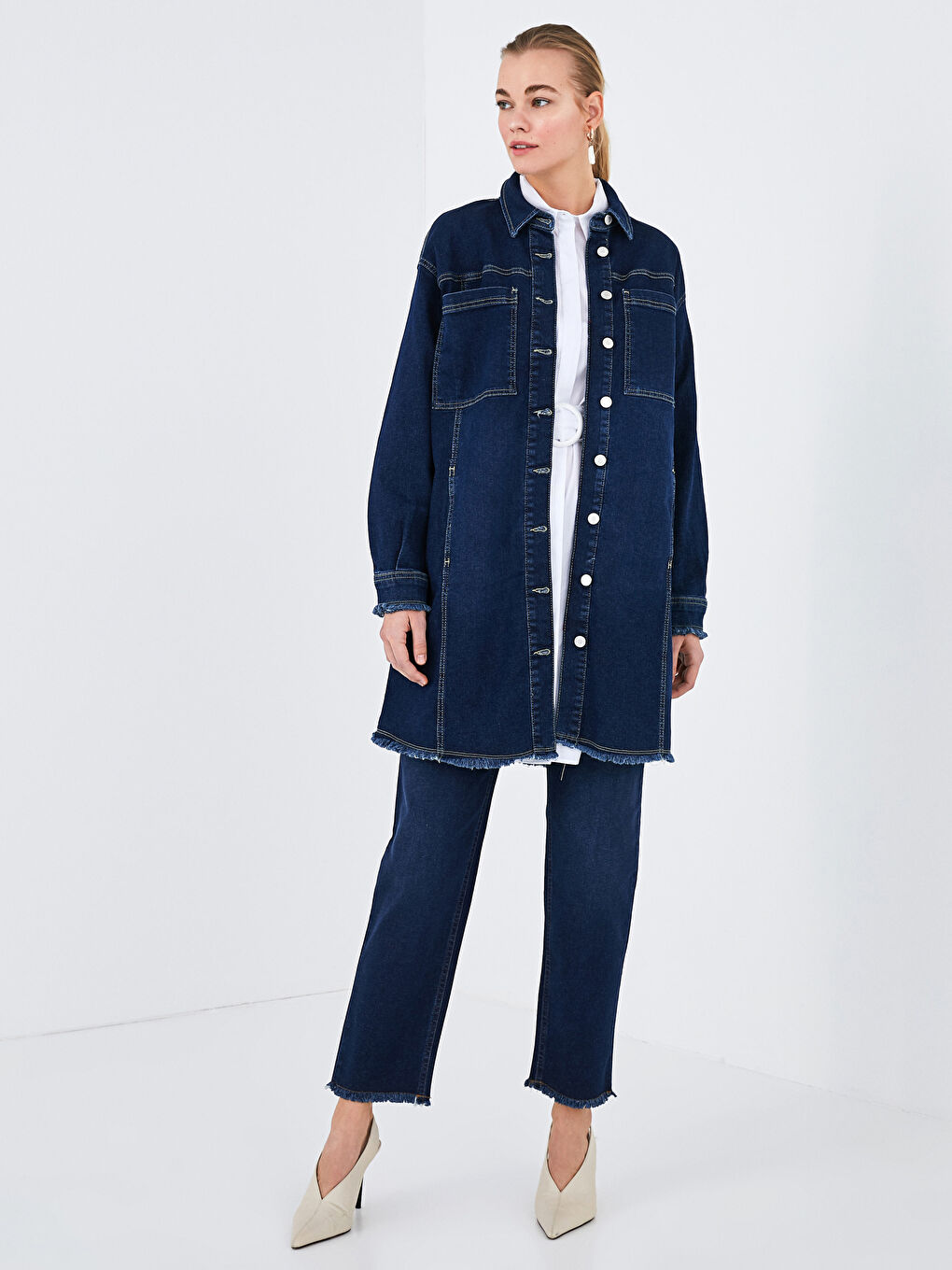 Shirt Collar Pocket Detailed Long Sleeve Women's Jean Jacket-2