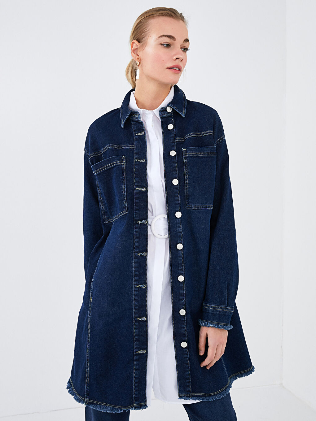 Shirt Collar Pocket Detailed Long Sleeve Women's Jean Jacket-1