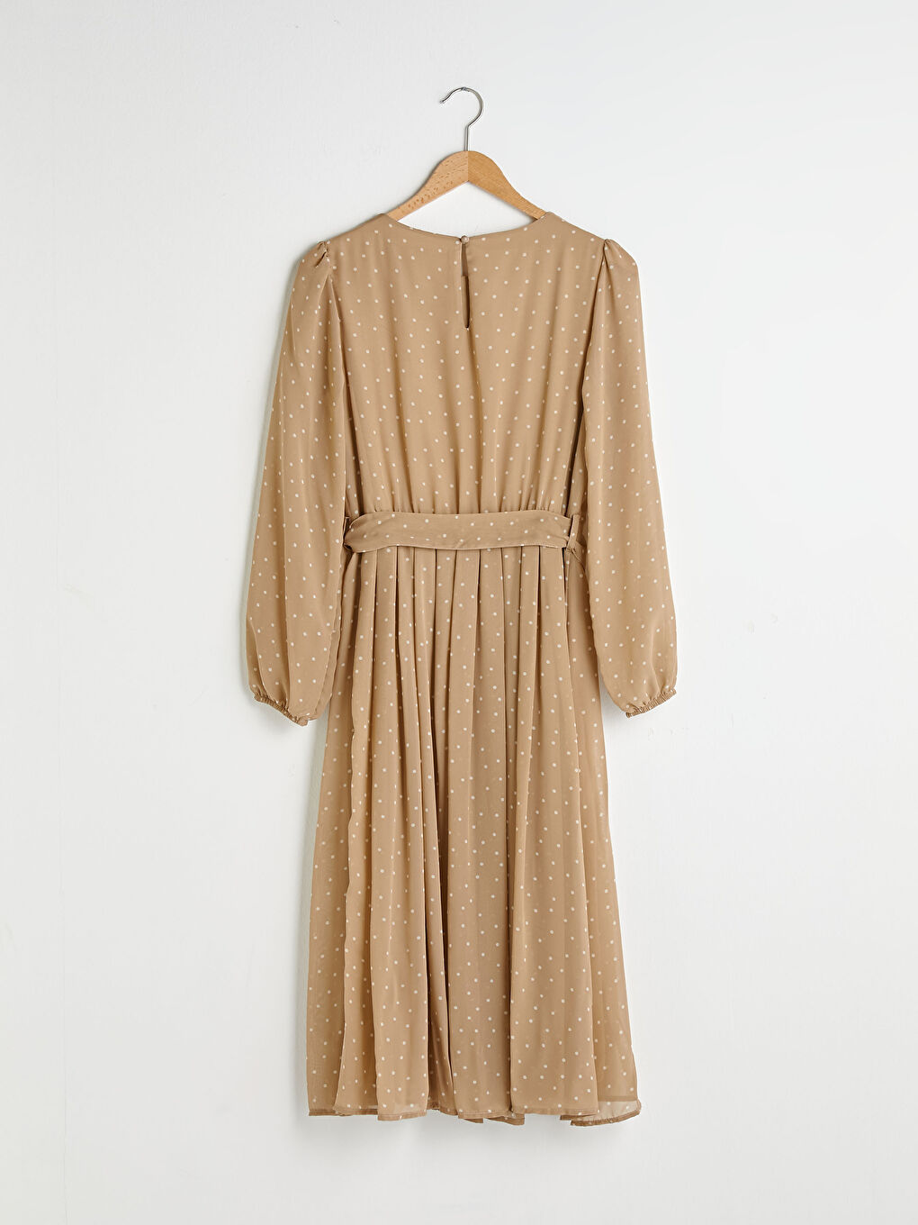 Kahverengi Bisiklet Yaka Puantiye Desenli Uzun Kollu Şifon Kadın Elbise-7