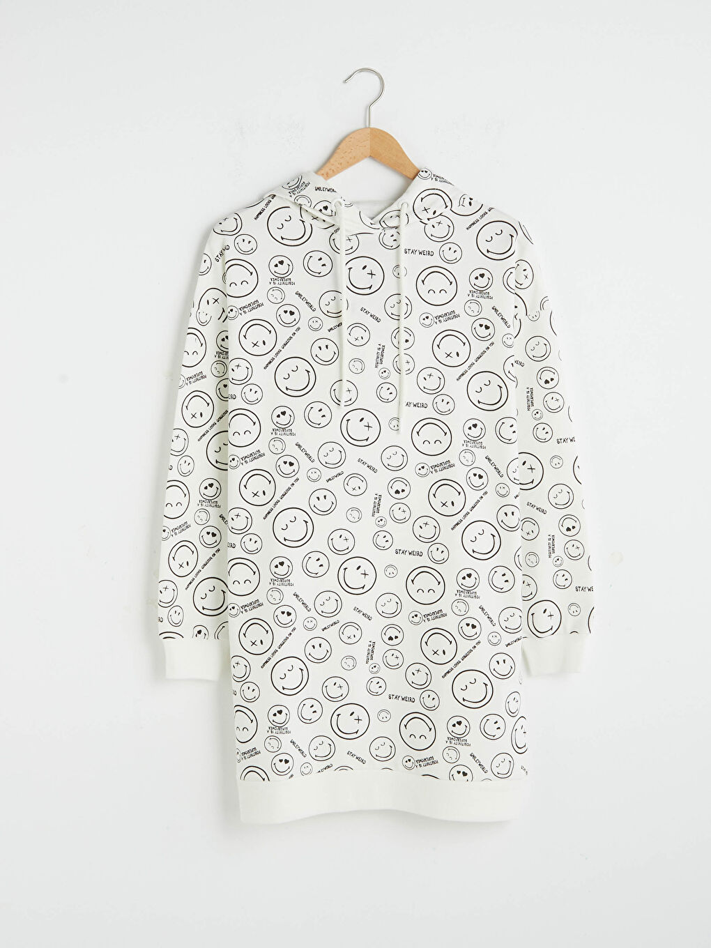 Ekru Kapüşonlu Smileyworld Baskılı Uzun Kollu Kadın Sweatshirt Tunik-5