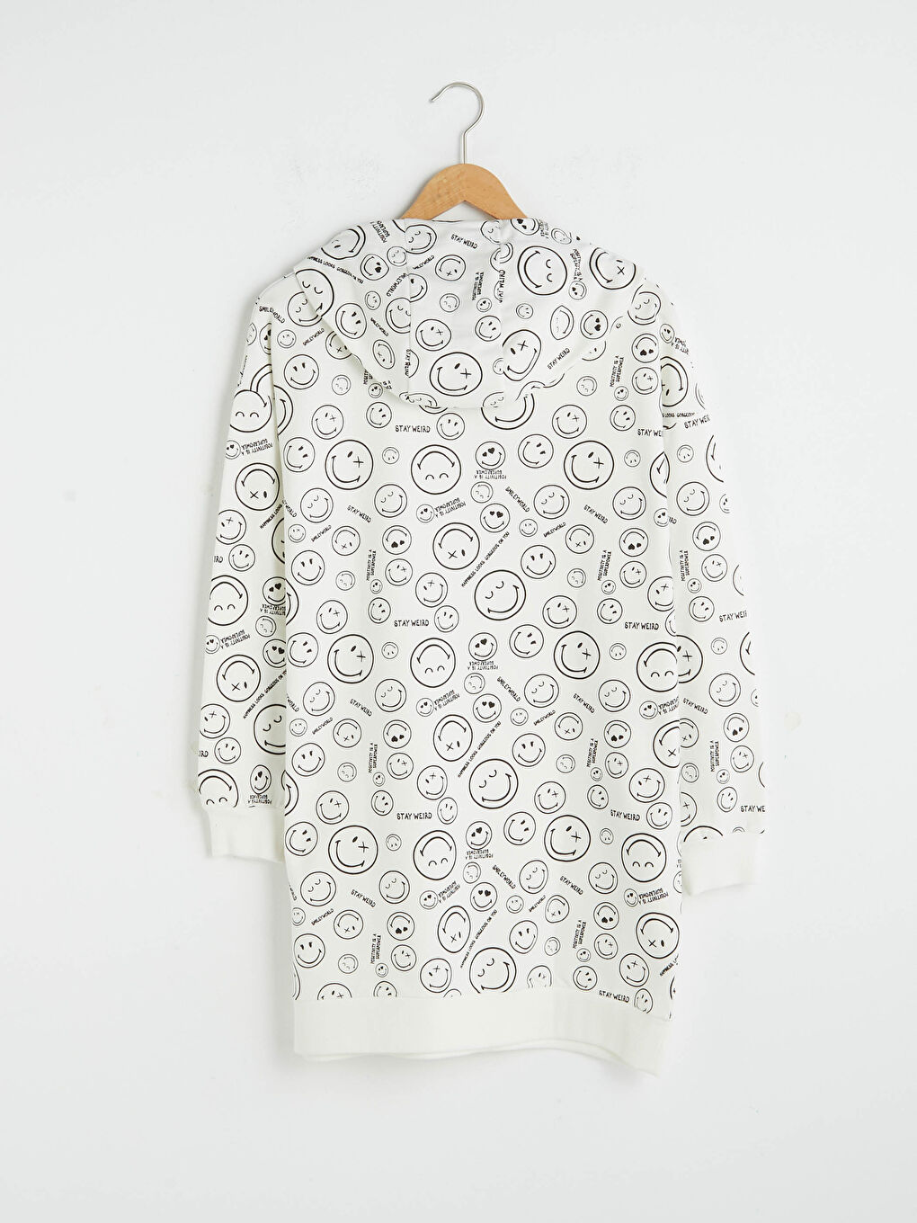 Ekru Kapüşonlu Smileyworld Baskılı Uzun Kollu Kadın Sweatshirt Tunik-6