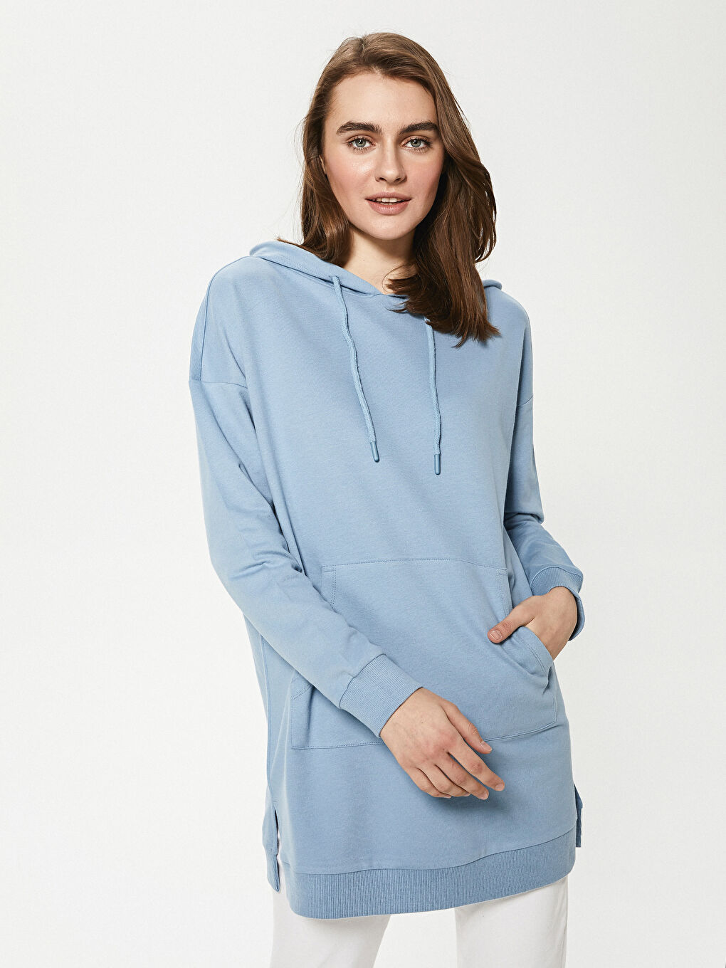 Mavi Düz Uzun Kollu Kadın Hoodie-5