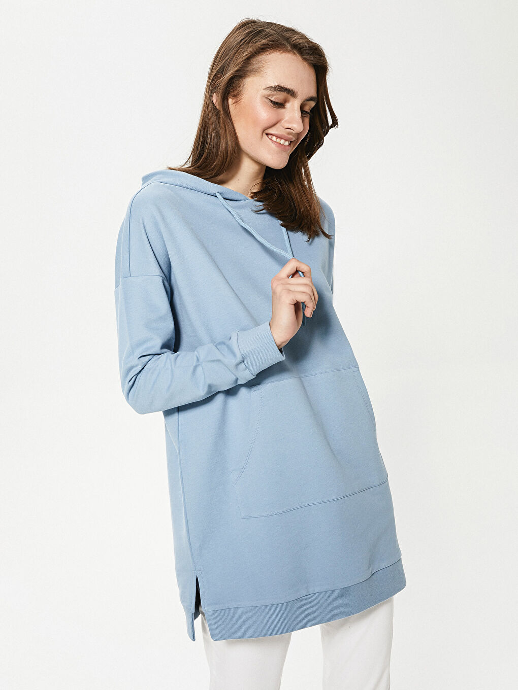 Mavi Düz Uzun Kollu Kadın Hoodie-6