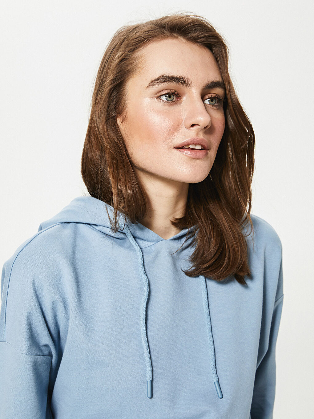 Mavi Düz Uzun Kollu Kadın Hoodie-7