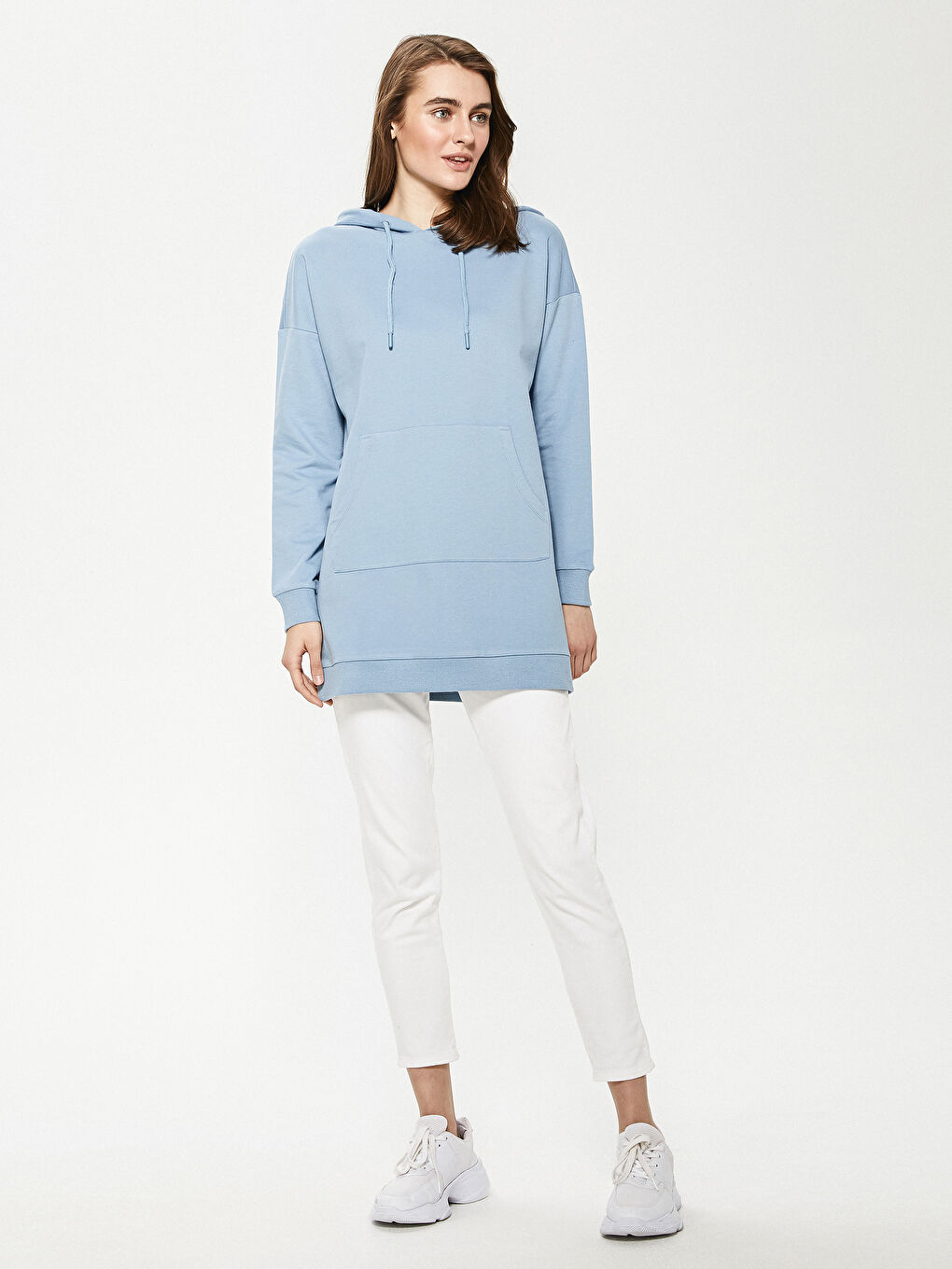 Mavi Düz Uzun Kollu Kadın Hoodie-8