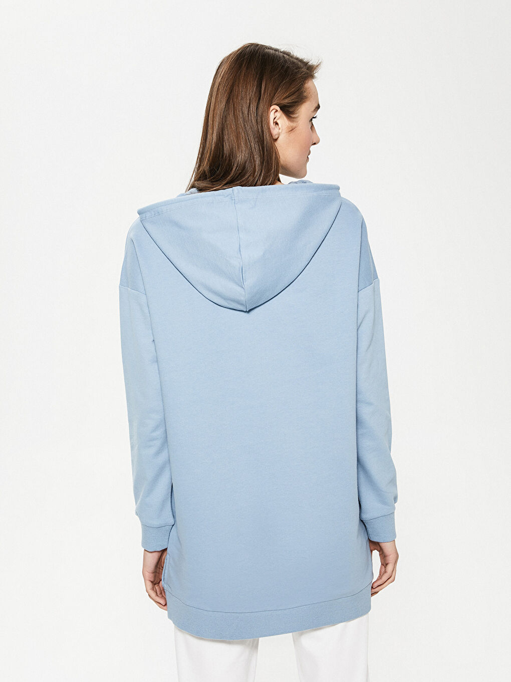 Mavi Düz Uzun Kollu Kadın Hoodie-9