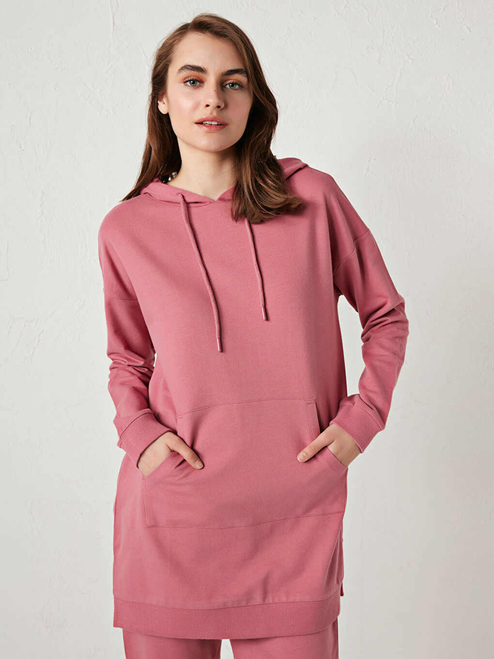 Pembe Düz Uzun Kollu Kadın Hoodie-5