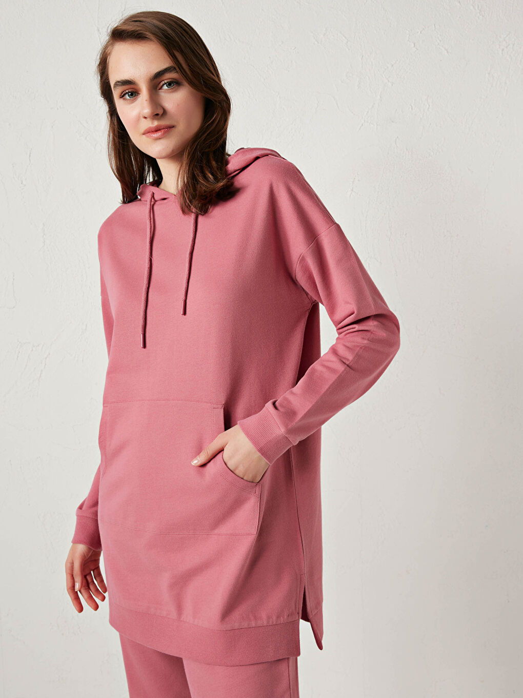 Pembe Düz Uzun Kollu Kadın Hoodie-6