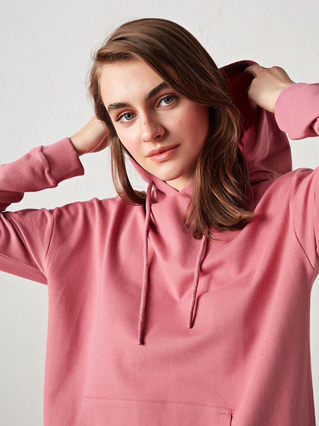 Pembe Düz Uzun Kollu Kadın Hoodie-8